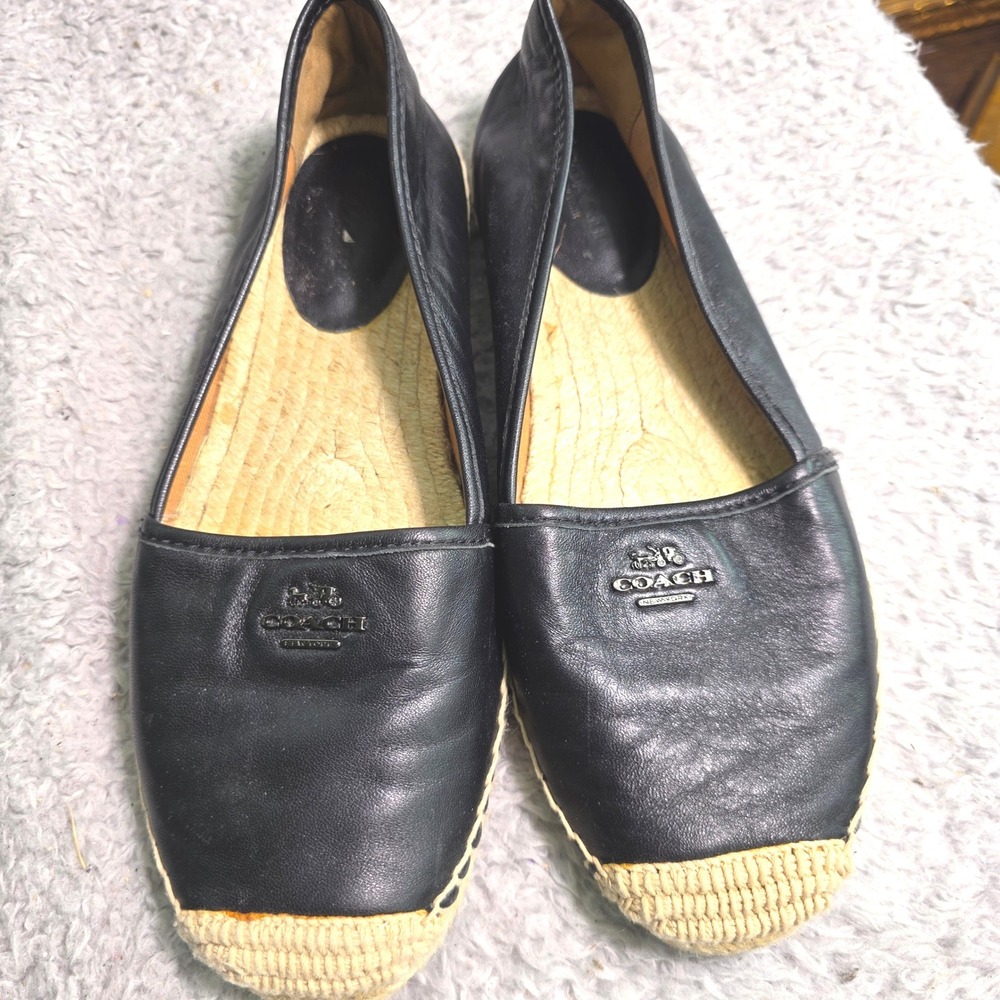 Coach Rhodelle Espadrille Flats Black Leather Logo Flats Womens 9 Excellent